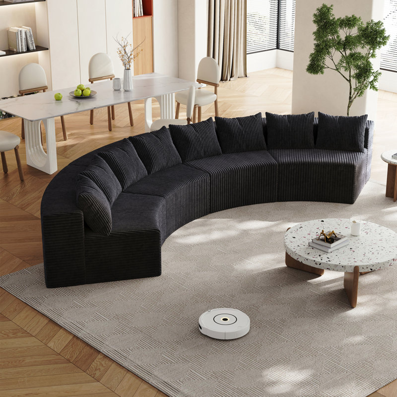 Canapé modulaire incurvé avec 8 coussins Corduroy, Velours côtelé noir