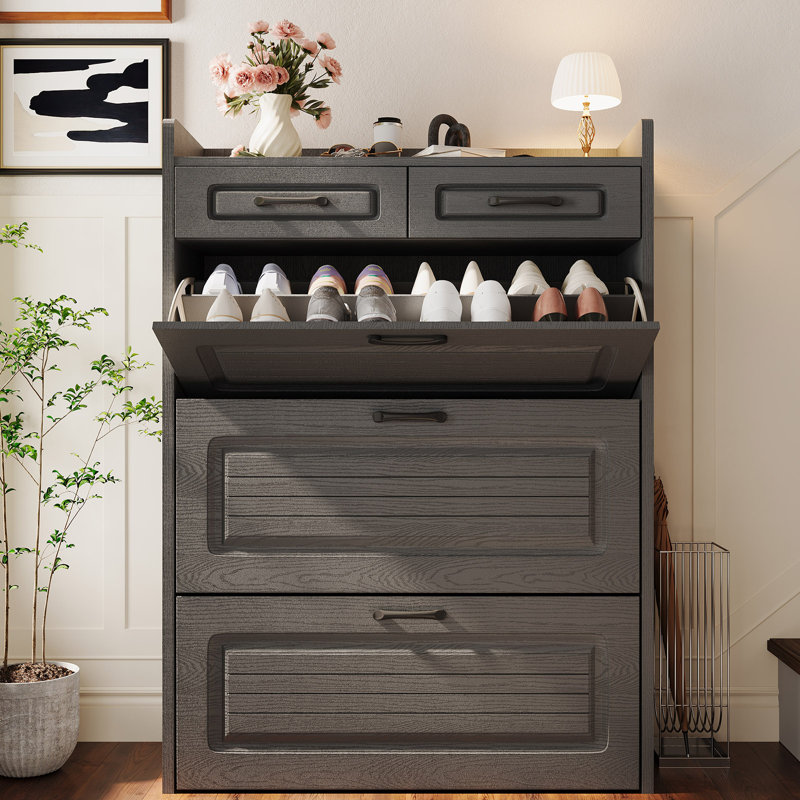 Shoe Cabinet for Entryway, Narrow Shoe Storage Cabinet with 3 Flip Drawers and 2 Top Drawers, Modern Shoe Rack Organizer Cabinet for Hallway, Apartment, Living Room, White