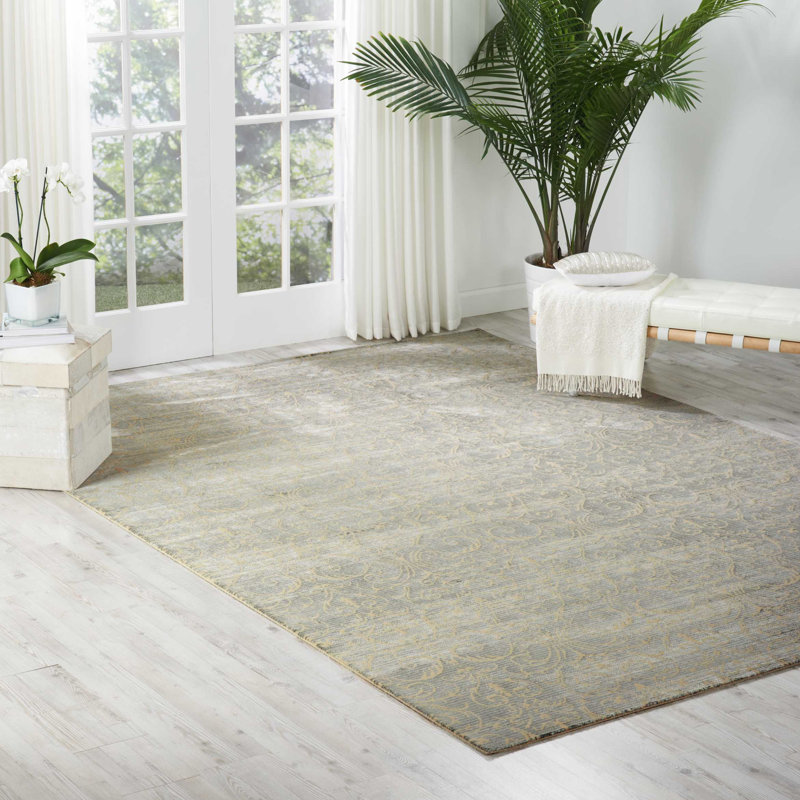 Tapis à motif damas bleu cobalt Hyeon, Rectangle 5 pi 3 po x 7 pi 5 po
