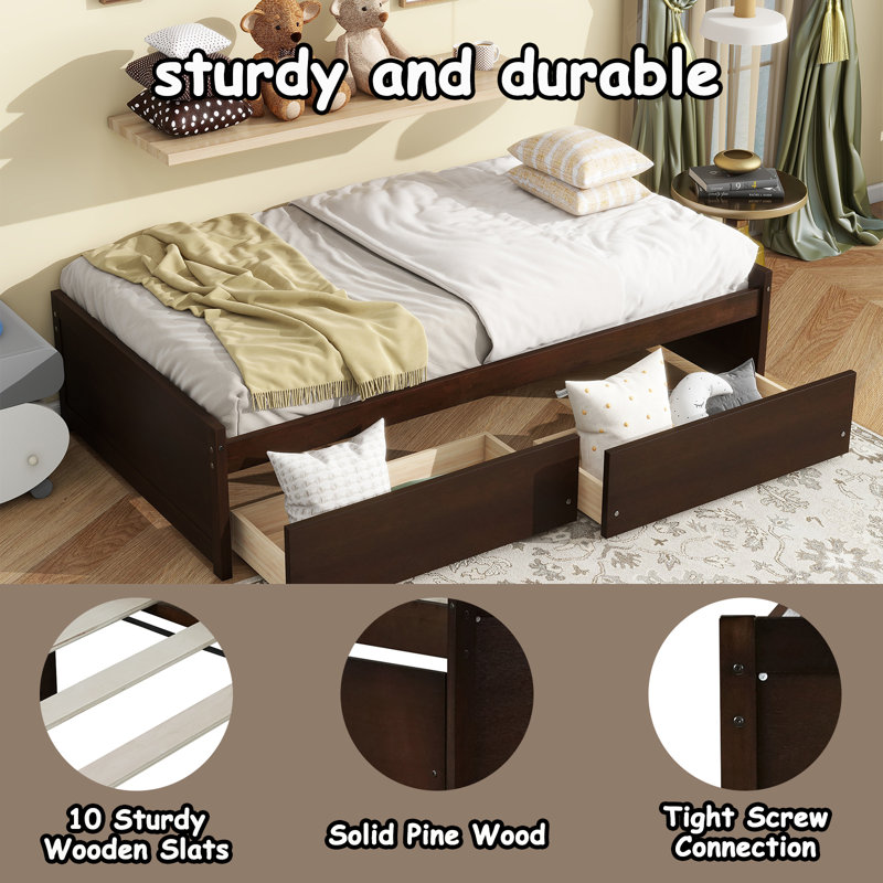 Twin Size Solid Wood Standard Kids Bed With 2 Drawers, Espresso