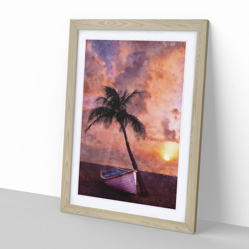 Palm Tree and Boat - Framed Print, 36cm H x 27cm W x 2cm D, Oak Framed