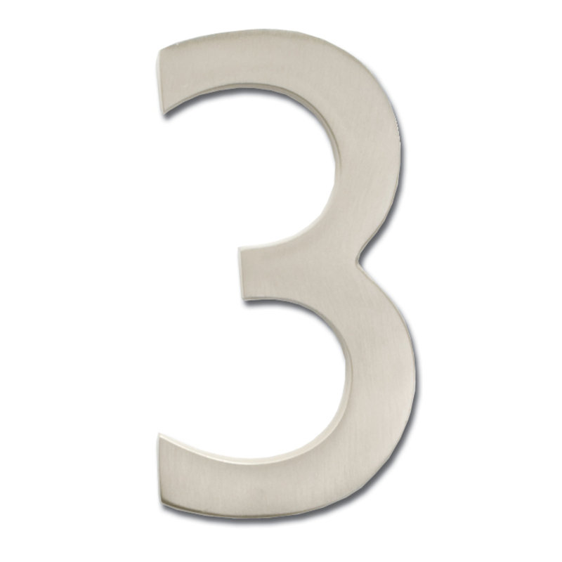 Numéro de maison à fixation affleurante, Trois, Nickel satiné, 4 pouces