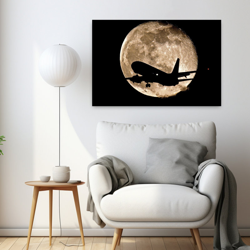 Jet en silhouette devant la lune, paysage abstrait moderne, art mural, H 36 po x l 24 po