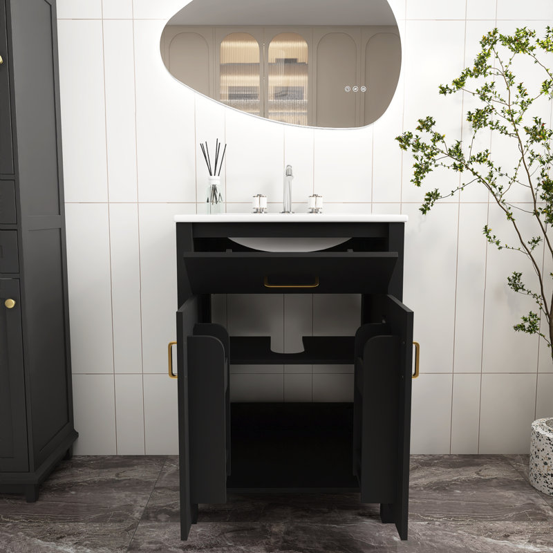 24''Free-Standing With 2 Soft Close Doors And 1 Ceramic Sink Bathroom Vanity Cabinet In Black