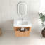 Meuble-lavabo de salle de bain flottant 30 po au fini noyer naturel, bords arrondis lisses, cuve en céramique blanche, pré-assemblé, tiroir intelligent, mécanisme de fermeture en douceur