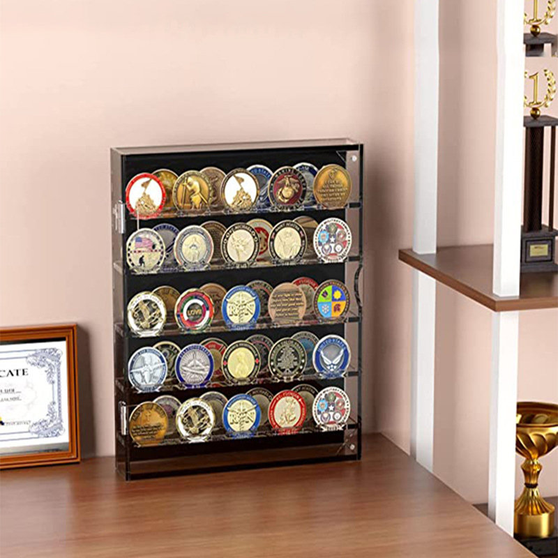 Acrylic Coin Display Box 5 Layers Large Capacity Challenge Coin Showcase Holder Clear Coin Badge, Black
