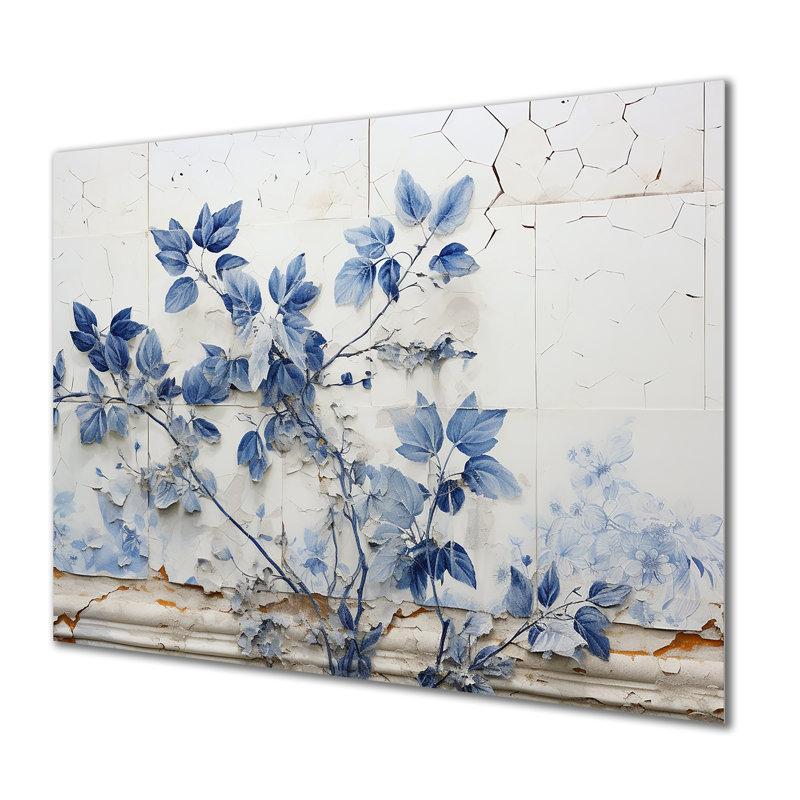 Art mural rétro fleur bleue rétro sur mur blanc, Métal métal, H 16 po x l 32 po x P 1 po