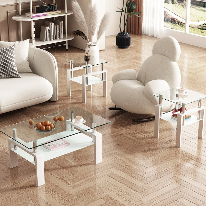 Table basse carrée moderne en verre trempé, ensemble de 2, transparent/blanc, table d'appoint pour salon, pied en métal, capacité de charge de 68 kg, montage facile, poids net de 15 kg.
