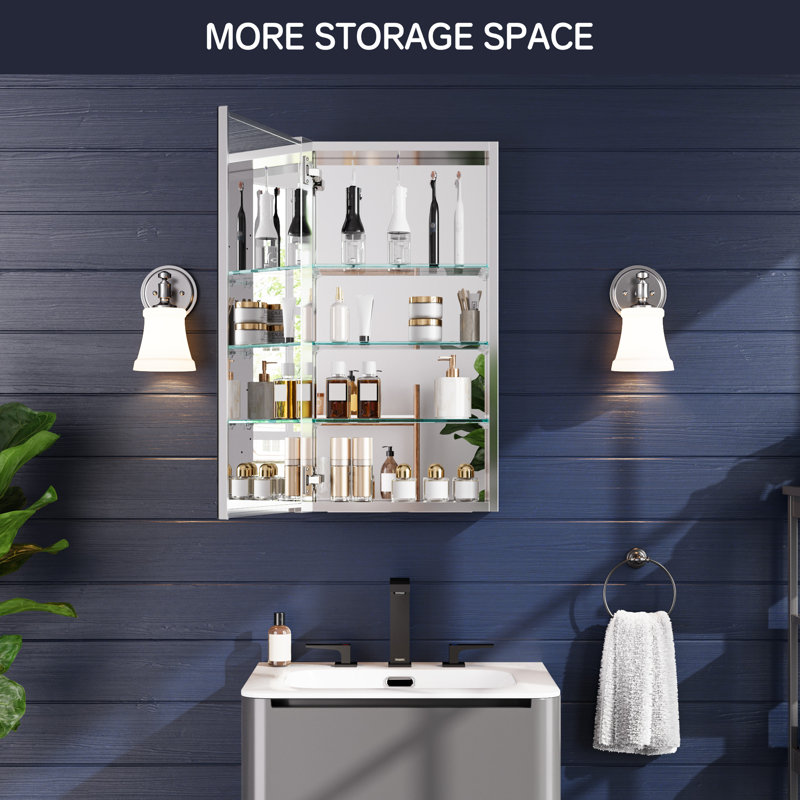 Recessed or Surface Mount Frameless Medicine Cabinet With Mirror and Adjustable Shelves, 30" H x 16" W