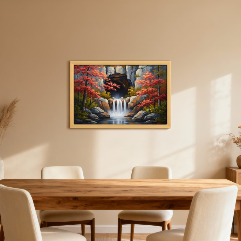 Plantes et fleurs, arbres d'automne, chute d'eau, roches, ruisseau de montagne, toile, H 20 po x l 30 po, Noir