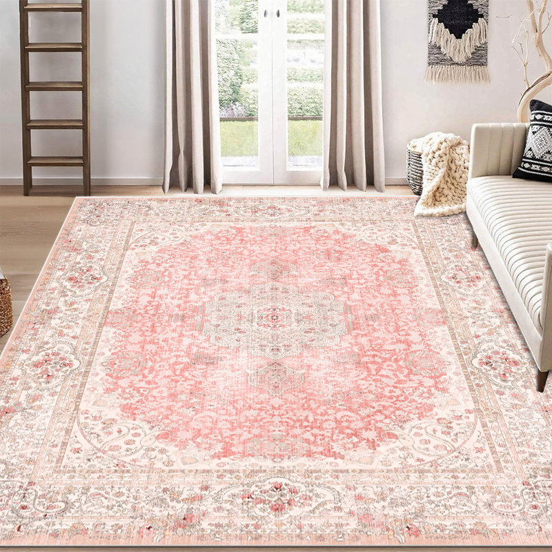 Pink Vintage Rug Machine-Washable Rug Soft Floral Rug, Rectangle 8' x 10'