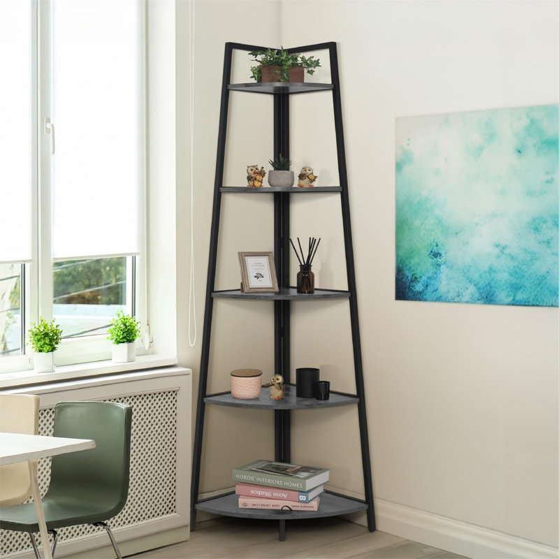 5-Tier Tall Corner Shelf Stand, Ladder Corner Wood Storage Plant Bookshelf with Metal Frame, Versatile Shelving Unit Bookcase for Home Office Space, Dark Gray   