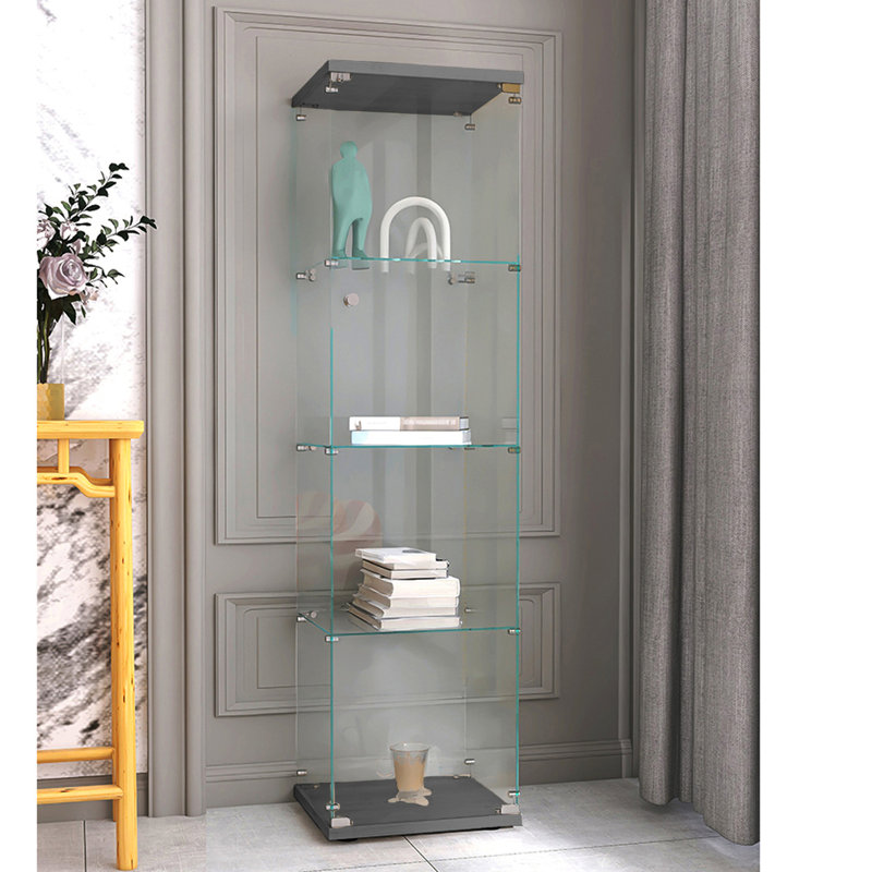 Armoire en verre noire à 4 tablettes avec une porte - étagère de rangement pratique à 4 tablettes