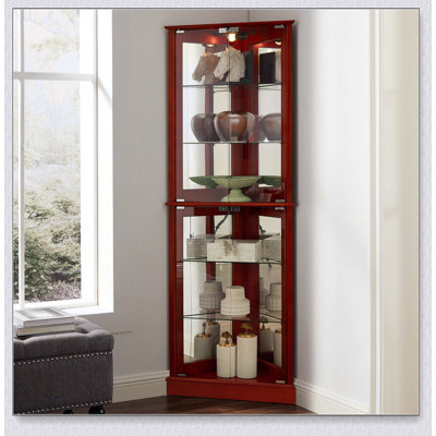 Corner Curio Dispaly Cabinet with Lights, Adjustable Tempered Glass Shelves, Mirrored Back