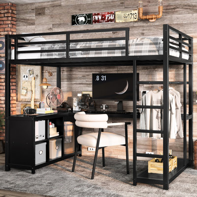 Twin Metal Loft Bed With Wardrobe And L-shaped Workbench, Modern Practical For In Dorms Size Reading Desk, Space Saving Small Dorms, Black
