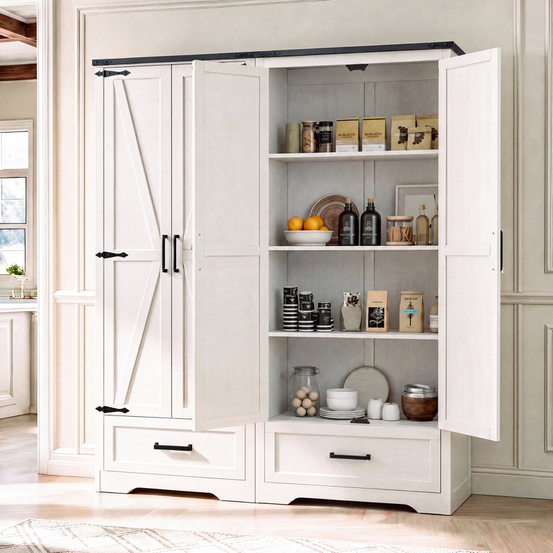 Armoire de cuisine de 183 cm (72 po) avec double porte de grange, rangement de cuisine de style campagnard avec étagères et tiroir réglables