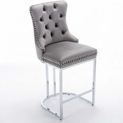 Velvet Barstools with Button Back&Rivet Trim Upholstered Kitchen Island Chairs