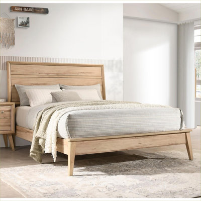 Cadre de grand lit de style Mid-Century moderne, bois fini chêne naturel, style classique intemporel pour la chambre principale ou la chambre d'amis