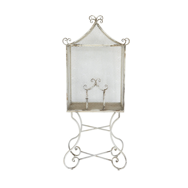 27.5x15x67" Distressed White Iron Greenhouse With Ornate Scrollwork Base