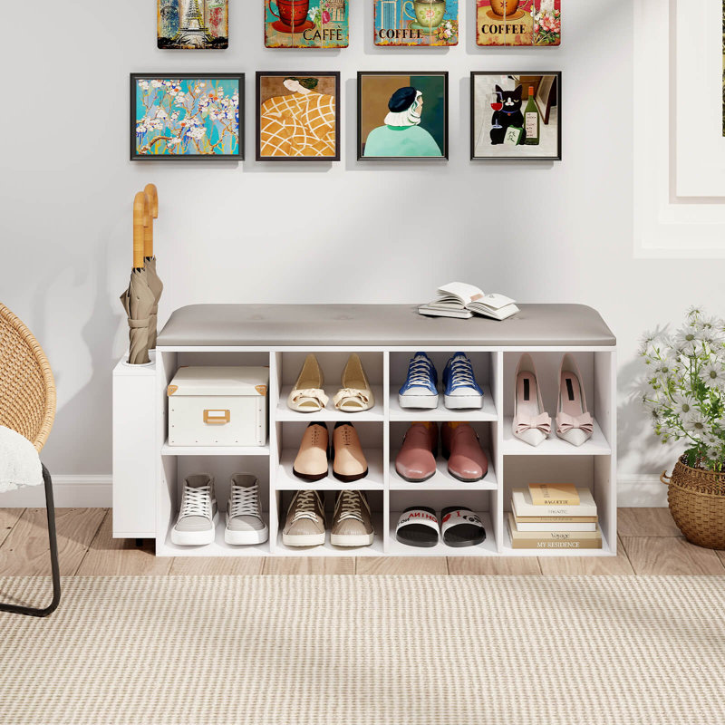 Wooden Shoe Bench 10-cube Storage Organizer With Padded Cushion & Umbrella Holder White