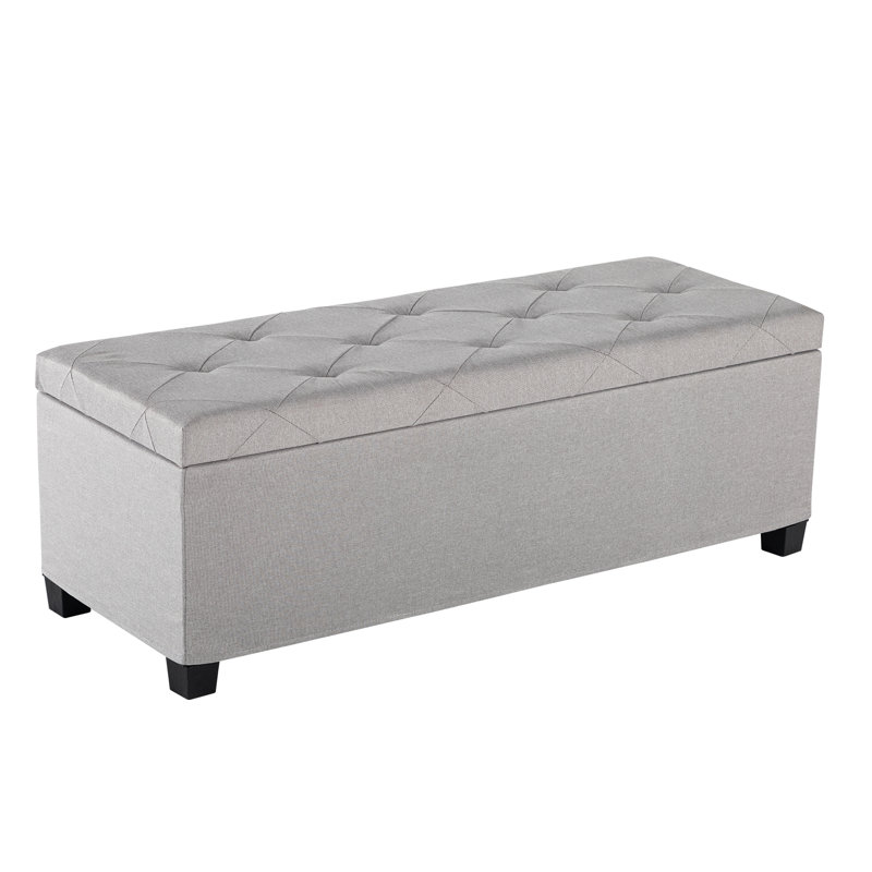 43.3" Tufted Storage Ottoman with Iron Frame, Faux Linen Bed End Bench with Metal Corner Protection, Light Gray
