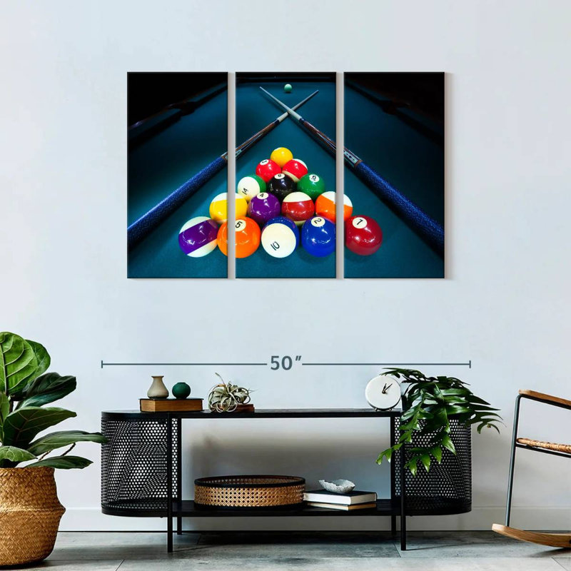 " Billiard Cue Stick Triangle " 3 Piece Art Print, 28" H x 45" W x 1.25" D