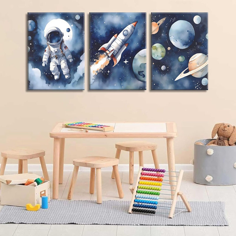 3Pcs Nursery Astronaut Wall Art Kids Space Planets Theme Canvas Painting Rocket Spaceman Wall Decor Explore Dream Galaxy Poster Prints Funny Outer Space Picture For Boys Child Bedroom Living Framed