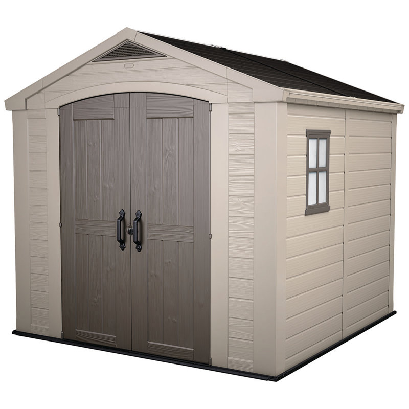 Remise de rangement d'extérieur en résine durable 8 po x 8 pi Keter Factor avec plancher et portes doubles pour meubles et outils de jardin, brun