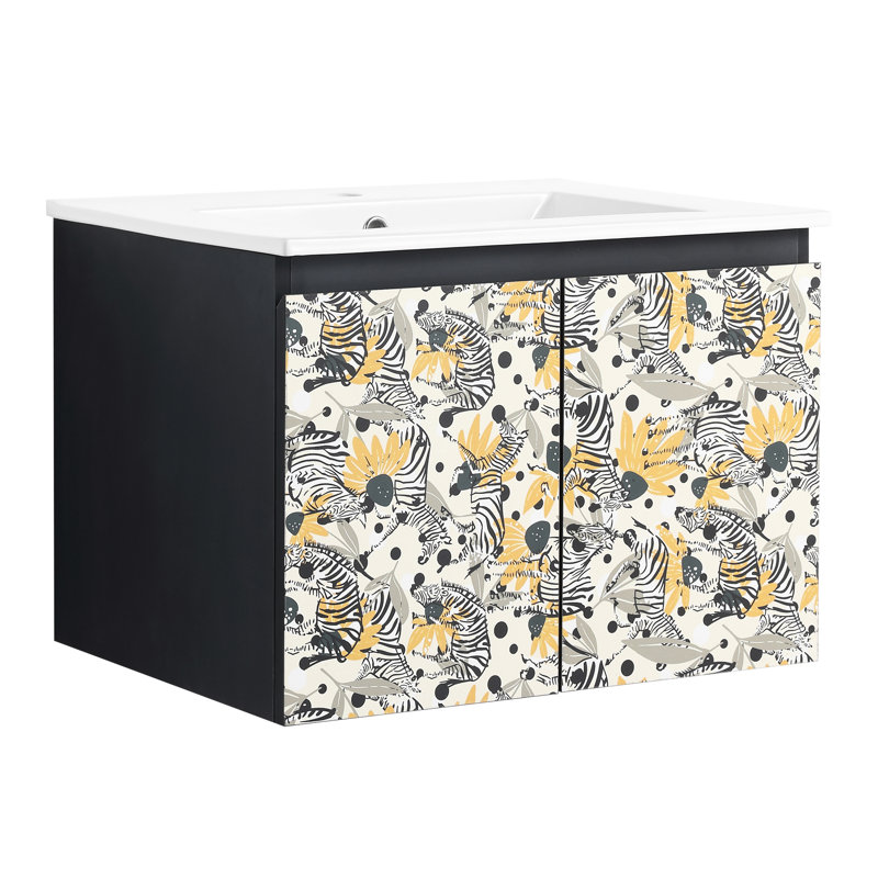 Meuble-lavabo noir 24 po avec lavabo en céramique. Porte d'armoire à fermeture en douceur, noir. Élégant