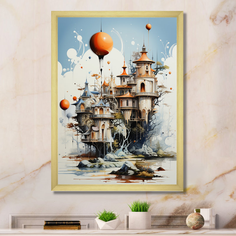 Madaih surréalisme ville rêve vol imaginaire I, H 44 po x l 34 po x P 1,5 po, Encadrement doré