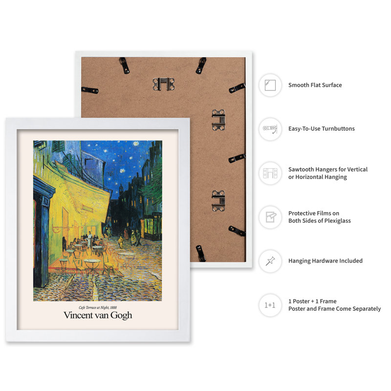 Van Gogh - terrasse de café la nuit, Affiche, H 18 po x l 24 po, Encadrement blanc