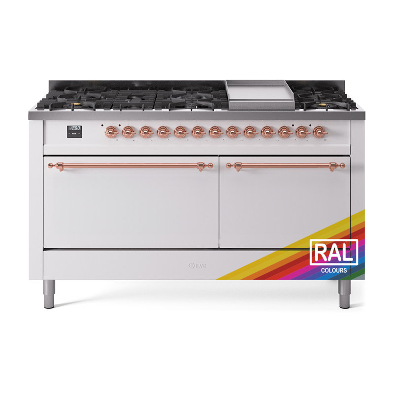 ILVE Nostalgie II 60 in Dual Fuel Range, 9 Burner, Griddle, Liquid Propane, Antique White/Burnished