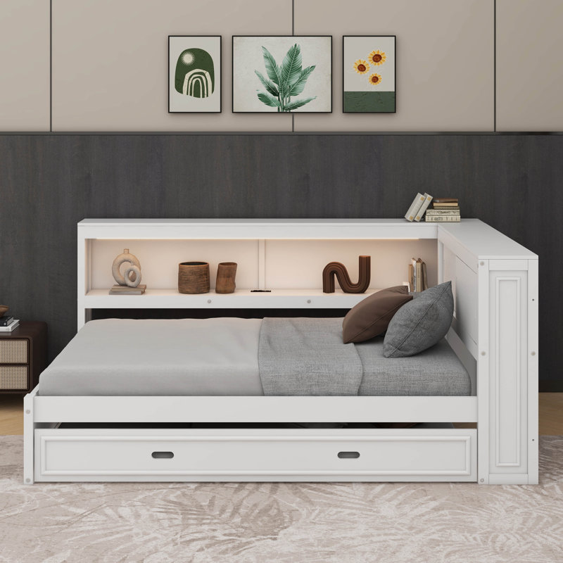 Lit de jour double avec tablettes, DEL et lit gigogne, White