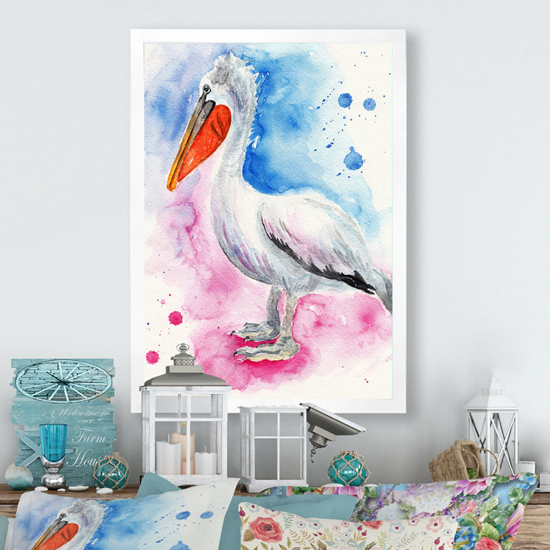 Pélican bleu et rose, Impression blanche sur toile encadrée, H 40 po x l 30 po x P 1,5 po