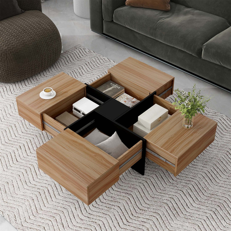 Table basse Design avec 4 compartiments de rangement cachés, plateau extensible carré pour salon moderne, 31,5 x 31,5 po