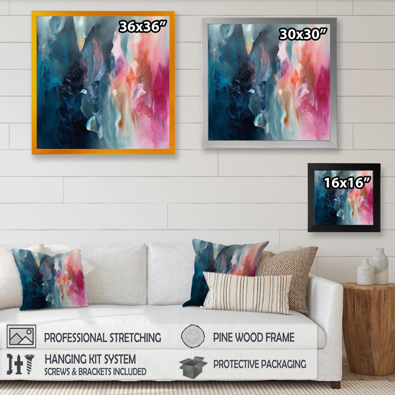 «Desyree Blue and Pink Spatula Abstract», art mural abstrait, Cadre doré, L 30 po x H 30 po