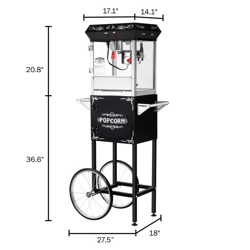 Popcorn Machine with Cart - Foundation 6oz Popper with Stainless-Steel Kettle, Heated Warming Tray, and Old Maids Drawer by Great Northern Popcorn (Black)
