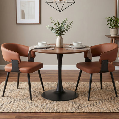 Mid-Century Modern Dining Chairs, Faux Leather Upholstered Armchairs with Curved Barrel Back and Metal Legs for Kitchen and Dining Room