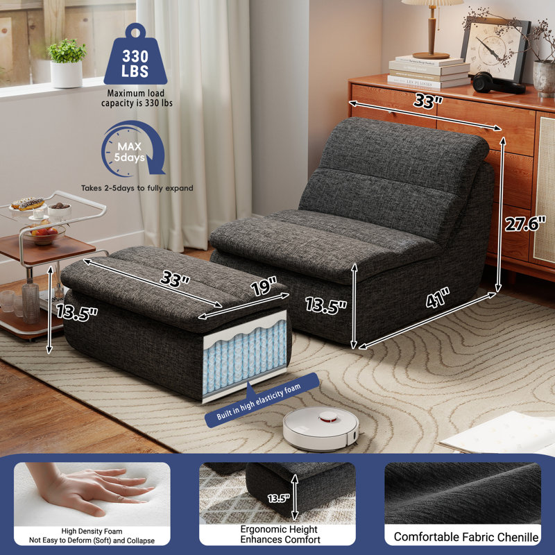 Armless Chenille Foam Bean Bag Lounger Chair with Ottoman, No Assembly Required, Black Chenille
