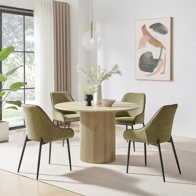 Penny Pillar Round Dining Table Set With 4 Luxury Fabric Dining Chairs - Scratch Resistant Top, Cream, Oak