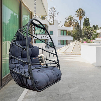 Chaises de panier à œufs pivotantes sans support pour l'intérieur et l'extérieur, chaise suspendue à coussin résistant aux rayons UV, cadre pliable et capacité de 350 lb pour chaise de hamac de patio
