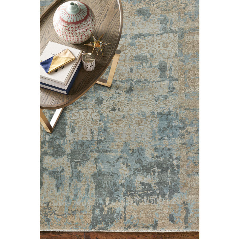 Ellerbe Hand-Knotted Wool Tan Blue Area Rug, Rectangle 5' x 8'