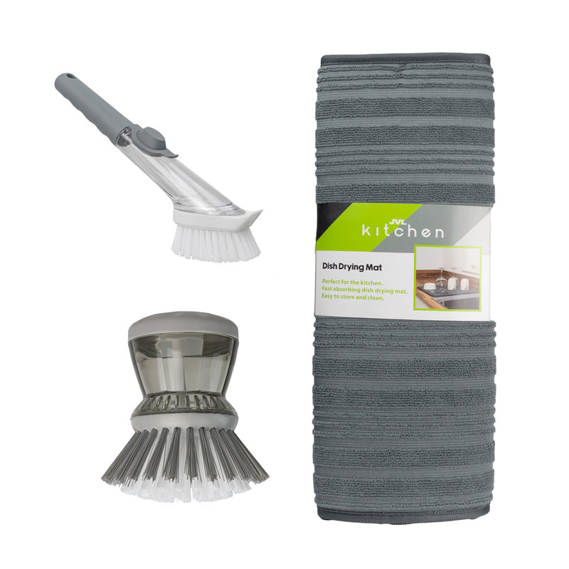 JVL Sesha Dish Drying Mat, Soap Dispenser Dish Brush with Refill Head & Soap Dispenser Scrubbing Brush Kitchen Bundle