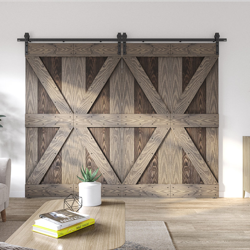 Porte de grange pliable en bois noueux avec quincaillerie Coast Sequoia Embossin, 60 po x 84 po, Café / gris fumé