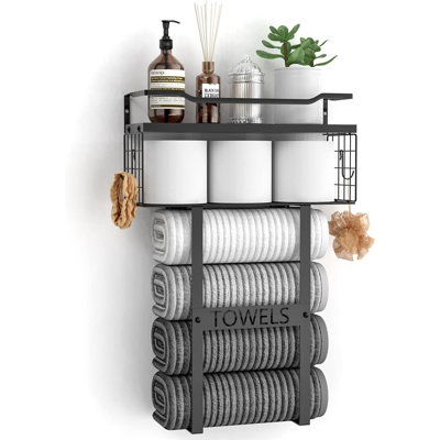 Wall-Mounted Black Wood Towel Rack With Shelf, Bathroom Storage Organizer For Small Spaces