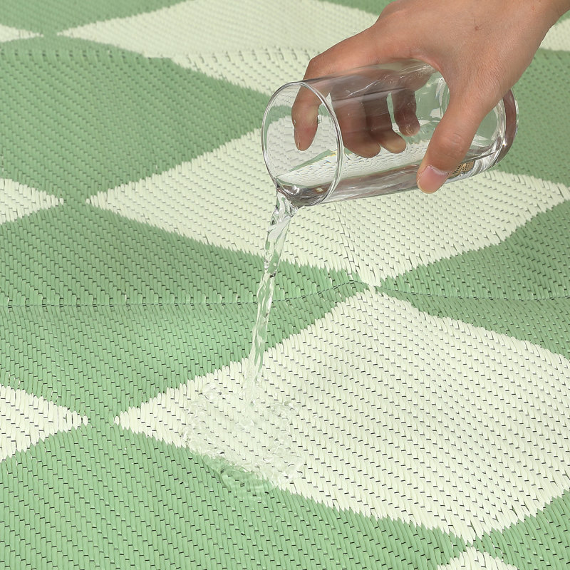 Tapis d'extérieur en paille réversible pour l'extérieur - imperméable, léger et pliable - motif géométrique beige vert, tapis de sol toutes saisons pour véhicule récréatif, porche, jardin, pique-nique, balcon - 10 x 14 pi