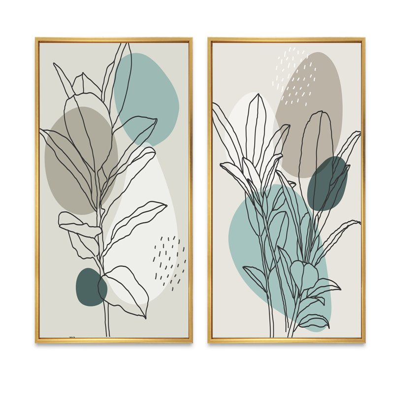 «Green Botanical Branch with Leaves III», ensemble de 2 peintures, H 32 po x l 32 po x P 1 po, Cadre doré