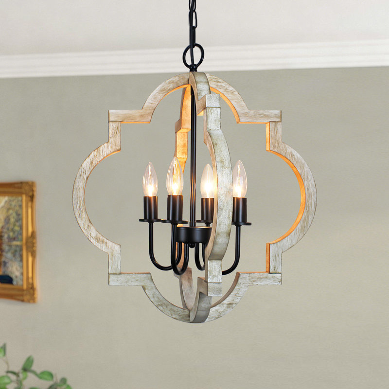 Lustre géométrique style lanterne à 4 lumières 19,49 po, Blanc antique / noir