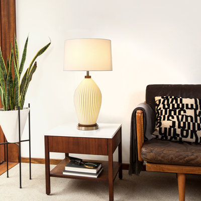 Santa Clara Bone Porcelain Table Lamp with Nightlight - 30", Weathered Brass and Walnut, 4-Way Rotary Switch