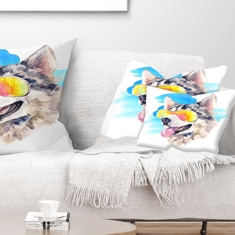 Husky sibérien avec lunettes de soleil - Coussin décoratif imprimé animal, Rectangulaire, 12 po x 20 po